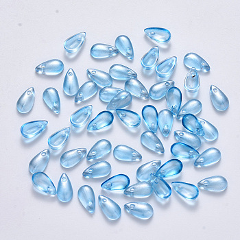 Transparent Spray Painted Glass Charms, with Glitter Powder, Teardrop, Cornflower Blue, 9.5x5x3mm, Hole: 1.2mm