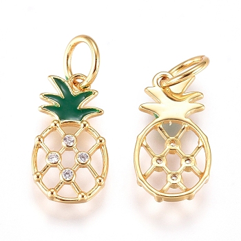 Brass Enamel Charms, with Micro Pave Cubic Zirconia and Jump Rings, Pineapple, Clear & Green, Golden, 13x7x1.6mm, Hole: 3.4mm