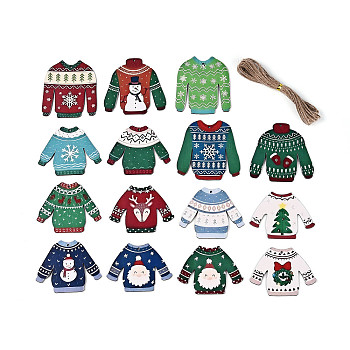 15Pcs Christmas UV Single Face Printed Wood Pendant Decorations, Sweater, Jute Rope Hanging Decorations, Laser Cut Wood Shapes, Mixed Color, 59~79x70~79x2mm, Hole: 2.5~3mm