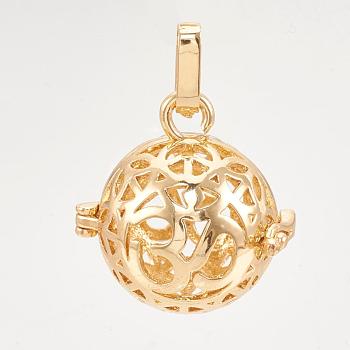 Rack Plating Brass Cage Pendants, For Chime Ball Pendant Necklaces Making, Hollow Round with Om Symbol, Light Gold, 25x24x20.5mm, Hole: 3x7mm, inner measure: 18mm
