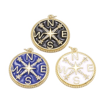 Brass Clear Cubic Zirconia Enamel Pendants, with Jump Ring, Long-Lasting Plated, Lead Free & Cadmium Free, Flat Round with Star 
and Letter Pattern, Real 18K Gold Plated, Mixed Color, 28x25x3mm, Jump Ring: 5x0.8mm, 3.5mm Inner Diameter