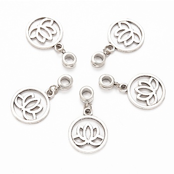 Tibetan Style Alloy Large Hole European Dangle Charms, Flat Round with Yoga Lotus, Antique Silver, 36mm, Hole: 5mm
