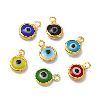 Ion Plating(IP) 304 Stainless Steel with Glass Enamel Charms, Real 18K Gold Plated, Flat Round with Evil Eye Pattern, Mixed Color, 9.5x6.5x2.5mm, Hole: 1.6mm