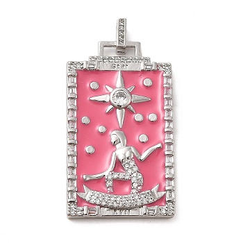 Brass Micro Pave Cubic Zirconia Pendants with Enamel, Tarot, Pale Violet Red, 39.5x23x2.5mm, Hole: 4.5x2mm