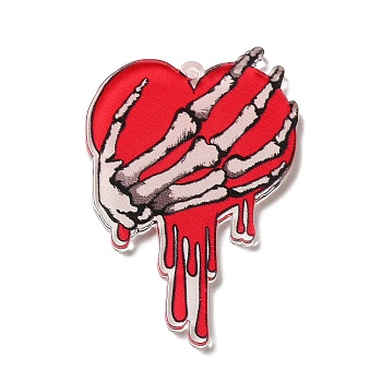 Opaque Acrylic Pendants, for Valentine's Day, Heart Charm, Skeleton, 45x30.5x2.5mm, Hole: 1.5mm