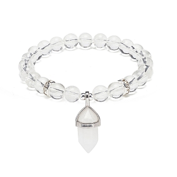 Natural Quartz Crystal Round Beaded Stretch Bracelet with Bullet Charms, Gemstone Yoga Jewelry for Women, Inner Diameter: 2~2-1/8 inch(5.1~5.3cm)