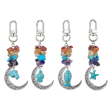 Alloy Hollow Moon Pendant Decorations, Natural & Synthetic Mixed Stone Chip and Swivel Clasps Charm, Mixed Shapes, Turquoise, 99~102mm