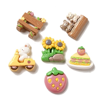 Spring Theme Opaque Resin Decoden Cabochons, Strawberry Cake & Fence & Rabbit, Mixed Shapes, Mixed Color, 23.5~28.5x22.5~28x7~9.5mm