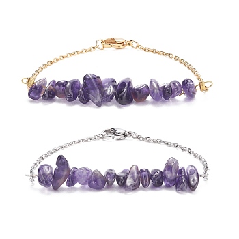 2Pcs 2 Color Natural Amethyst Chip Beaded Link Bracelets Set with 304 Stainless Steel Cable Chains, Gemstone Jewelry for Women, 7-1/2 inch(19cm)