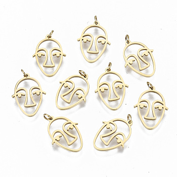 304 Stainless Steel Charms, Laser Cut, with Jump Ring, Abstract Face, Real 14K Gold Plated, 13.5x10x1mm, Jump Ring: 3x0.4mm, 2.2mm inner diameter