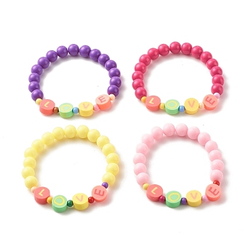 Acrylic Beaded Stretch Bracelets for Kids, LOVE Word Handmade Polymer Clay Beads Bracelets, Mixed Color, Inner Diameter: 1-5/8 inch(4.2cm)