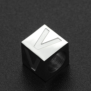201 Stainless Steel European Beads, Large Hole Beads, Horizontal Hole, Cube, Stainless Steel Color, Letter.V, 7x7x7mm, Hole: 5mm