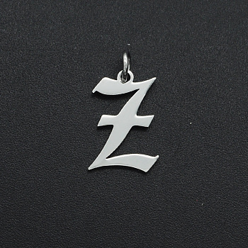 304 Stainless Steel Pendants, with Jump Ring, Old English, Letter, Laser Cut, Stainless Steel Color, Letter.Z, 16x11x1mm, Hole: 3mm