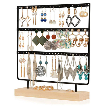 Triple Levels Rectangle Iron Earring Display Stand, Jewelry Display Rack, with Wood Findings Foundation, Black, 29x6.9x28.5cm