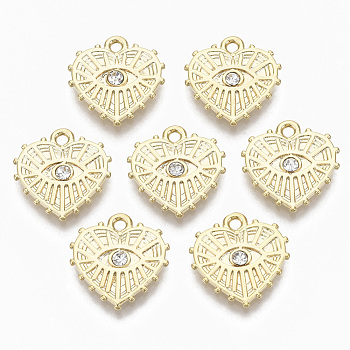 Alloy Charms, with Crystal Rhinestone, Cadmium Free & Nickel Free & Lead Free, Texured, Heart with Eye, Real 18K Gold Plated, 15x15x2mm, Hole: 1.5mm