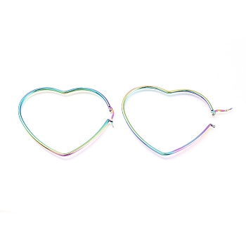 201 Stainless Steel Hoop Earrings, with 304 Stainless Steel Pin, Hypoallergenic Earrings, Heart, Rainbow Color, 66.5x56x2mm, 12 Gauge, Pin: 0.7mm