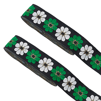 Ethnic Style Embroidery Polyester Ribbons, Jacquard Ribbon, Tyrolean Ribbon, Garment Accessories, Flower Pattern, Green, 1-3/8 inch(34mm), 0.5mm, about 7.66 Yards(7m)/pc