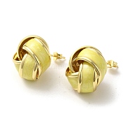 Real 18K Gold Plated Brass Enamel Stud Earrings for Women, Knot, Light Khaki, 21x20.5mm(EJEW-M251-09G-01)
