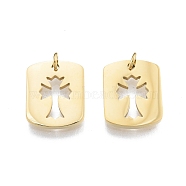 Ion Plating(IP) 304 Stainless Steel Pendants, with Jump Ring, Rectangle with Cross, Nickel Free, Real 14K Gold Plated, 15x12x1.5mm, Jump Ring: 4x1mm, Inner Diameter: 2mm(STAS-T060-21G)