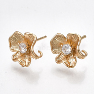 Brass Cubic Zirconia Stud Earring Findings, with Loop, Flower, Clear, Real 18K Gold Plated, 10.5x10mm, Hole: 1.5mm, Pin: 0.7mm(KK-S348-348)
