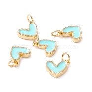 Rack Plating Brass Enamel Charms, with Jump Ring, Cadmium Free & Nickel Free & Lead Free, Real 18K Gold Long-Lasting Plated, Heart, Aqua, 9x7x2mm, Hole: 2.5mm(KK-D073-27G-03)
