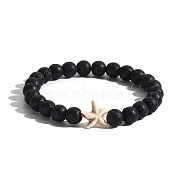 Men's Yoga Jewelry, Natural Lava Rock Round Beads Stretch Bracelets, Starfish, Antique White(BK0782-7)