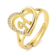 Heart with Letter Rack Plating Brass Micro Pave Cubic Zirconia Adjustable Rings for Women, Lead Free & Cadmium Free, Real 18K Gold Plated, Letter H, Inner Diameter: 16mm(RJEW-I105-06G-H)