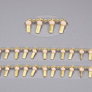 3.28 Feet Handmade Glass Beaded Chains, with Real 18K Gold Plated Brass Curb Chains, Long-Lasting Plated, Soldered, Lead Free & Cadmium Free, Rectangle, Dark Salmon, 2.5x1.8x0.3mm, Rectangle: 9x3x3mm(X-CHC-I029-09D)