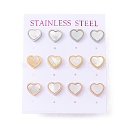 6 Pairs Natural White Shell Heart Stud Earrings, 304 Stainless Steel Jewelry for Women, Mixed Color, 9x10mm, Pin: 0.7mm(EJEW-G291-02M)