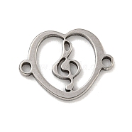 201 Stainless Steel Hollow Connector Charms, Heart Links with Musical Note, Stainless Steel Color, 11.5x15x1mm, Hole: 1.4mm(STAS-S146-01P)