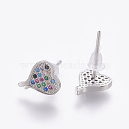 Brass Cubic Zirconia Stud Earrings, Heart, Colorful, Platinum, 10x8x1.5mm, Pim: 0.8mm(EJEW-E239-03P)