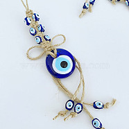 Flat Round with Evil Eye Glass Pendant Decorations, Tassel Hemp Rope Hanging Ornament, Royal Blue, 220mm(EVIL-PW0002-07)