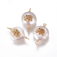 Natural Pearl Links connectors, with Cubic Zirconia and Brass Findings, Flat Round with Elephant, Golden, Chocolate, 19~23x10~12x6~9mm, Hole: 1.6mm(PEAR-I005-20E)