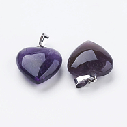 Natural Amethyst Pendants, with Brass Findings, Heart, Platinum, 23x20x7~9mm, Hole: 5x8mm(G-E434-03P)