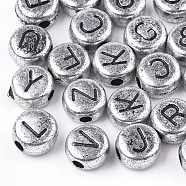 Acrylic Beads, Horizontal Hole, Mixed Letter, Flat Round, Silver, 7x4mm, Hole: 1mm(X-MACR-Q223-04A)