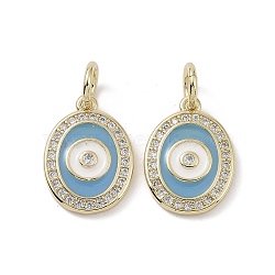 Real 18K Gold Plated Brass Micro Pave Cubic Zirconia Pendants, with Enamel and Jump Ring, Oval with Evil Eye Charms, Light Sky Blue, 15.5x11x2mm, Hole: 4mm(KK-L209-064G-02)