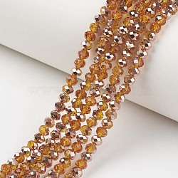 Electroplate Transparent Glass Beads Strands, Half Copper Plated, Faceted, Rondelle, Dark Orange, 6x5mm, Hole: 1mm, about 85~88pcs/strand, 16.1~16.5 inch(41~42cm)(EGLA-A034-T6mm-N16)