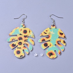 PU Leather Dangle Earrings, with Iron Earring Hooks and Plastic Ear Nuts, Tropical Theme, Monstera Leaf with Sunflower Pattern, Medium Turquoise, 72mm(EJEW-TAC0001-01B)