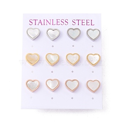 6 Pairs Natural White Shell Heart Stud Earrings, 304 Stainless Steel Jewelry for Women, Mixed Color, 9x10mm, Pin: 0.7mm(EJEW-G291-02M)