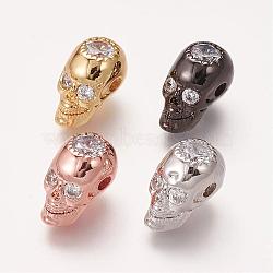 Brass Micro Pave Cubic Zirconia Beads, Skull, Mixed Color, 14x8x9.5mm, Hole: 2mm(ZIRC-E113-27)