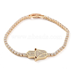 Golden Brass Link Bracelet, with Cubic Zirconia Tennis Chains, Long-Lasting Plated, Hamsa Hand, 7 inch(17.8cm)(BJEW-C055-05E-G)