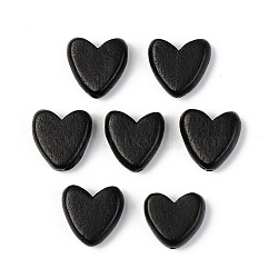 Painted Natural Wood Beads, Lead Free, Heart, Black, 16x16x6mm, Hole: 1.2mm(WOOD-T021-43B)