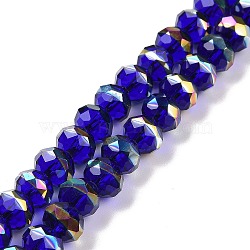 Transparent Electroplate Glass Beads Strands, Faceted, Rondelle, Half Rainbow Plated, Blue, 7.5~8x6.5~7mm, Hole: 1.4mm, about 65pcs/strand, 16.77 inch(42.6cm)(GLAA-F122-04E)