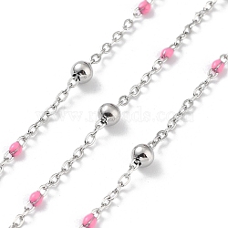 304 Stainless Steel Cable Chain, with Enamel, Soldered, Hot Pink, Beads: 3.5~3.6x3.5mm, Link: 5x2x2mm and 2x1.5x0.3mm(CHS-F019-01P-02)