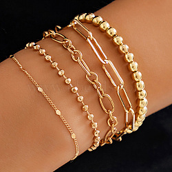 5Pcs 5 Styles Brass & CCB Beaded Stretch Bracelet & Chain Bracelet Set, Gold, Inner Diameter: 7-1/8 inch(18cm)(WGE7C54-11)