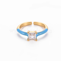 Brass Enamel Cuff Rings, Open Rings, Solitaire Rings, with Clear Cubic Zirconia, Nickel Free, Square, Golden, Dodger Blue, US Size 7(17.3mm)(RJEW-T016-32F-NF)