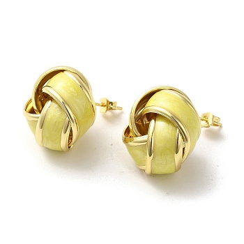 Real 18K Gold Plated Brass Enamel Stud Earrings for Women, Knot, Light Khaki, 21x20.5mm