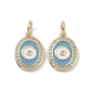 Real 18K Gold Plated Brass Micro Pave Cubic Zirconia Pendants, with Enamel and Jump Ring, Oval with Evil Eye Charms, Light Sky Blue, 15.5x11x2mm, Hole: 4mm