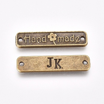 Tibetan Style Alloy Links, Rectangle with Word Handmade and Flower, Antique Bronze, 6.5x25.5x1.5mm, Hole: 1.5mm