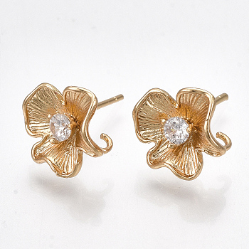 Brass Cubic Zirconia Stud Earring Findings, with Loop, Flower, Clear, Real 18K Gold Plated, 10.5x10mm, Hole: 1.5mm, Pin: 0.7mm
